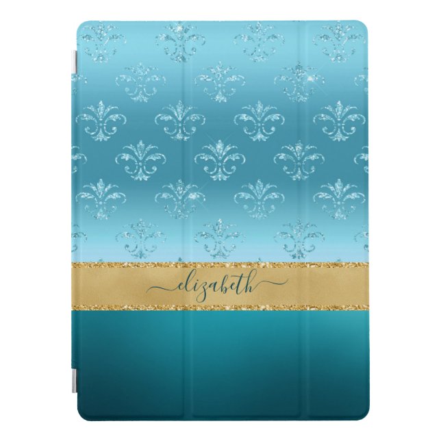 Turquoise Gold Glitter Elegant Glam Personalized iPad Pro Cover (Front)