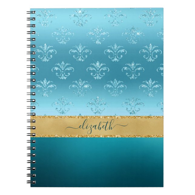 Turquoise Gold Glitter Elegant Glam Personalized Notebook (Front)
