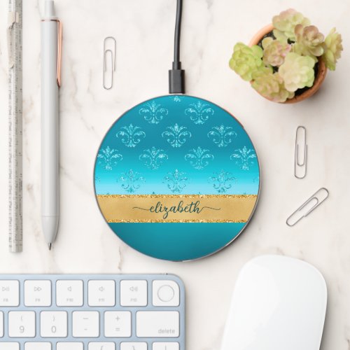 Turquoise Gold Glitter Elegant Glam Personalized W Wireless Charger