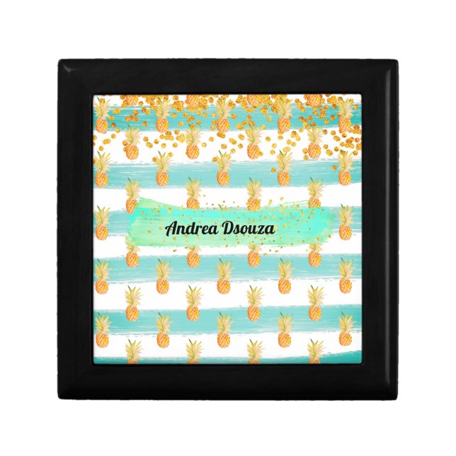 Turquoise Gold Glitter Yellow Beach Pineapple Gift Box (Front)