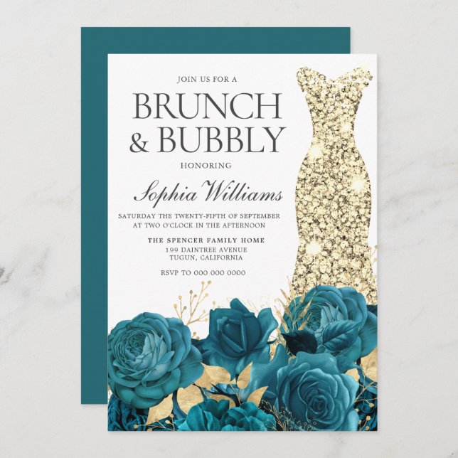 Turquoise Gold Gown Bridal Shower Brunch & Bubbly Invitation (Front/Back)