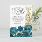 Turquoise Gold Gown Bridal Shower Brunch & Bubbly Invitation (Standing Front)
