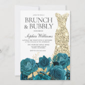 Turquoise Gold Gown Bridal Shower Brunch & Bubbly Invitation (Front)