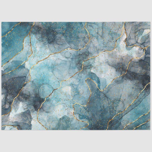 Turquoise Gold Grain Marble Decoupage Tissue Paper (Front)