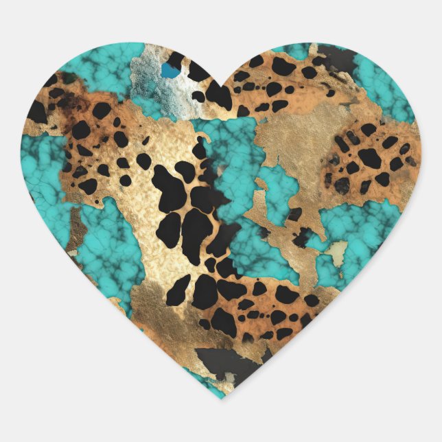 Turquoise Gold Leopard Heart Sticker (Front)