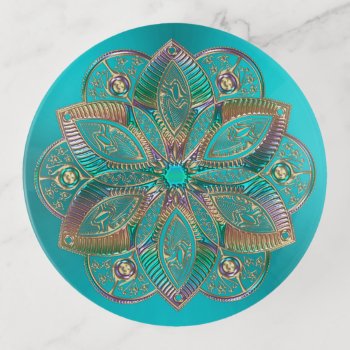 Turquoise Gold Lotus Flower Mandala Trinket Tray by BecometheChange at Zazzle