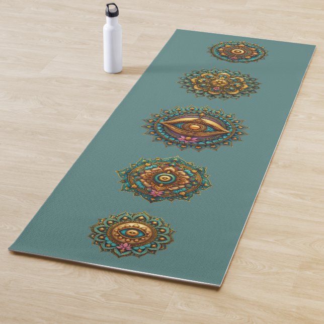 Turquoise Gold Lotus Mandala Art - Teal Meditation Yoga Mat (In Situ)