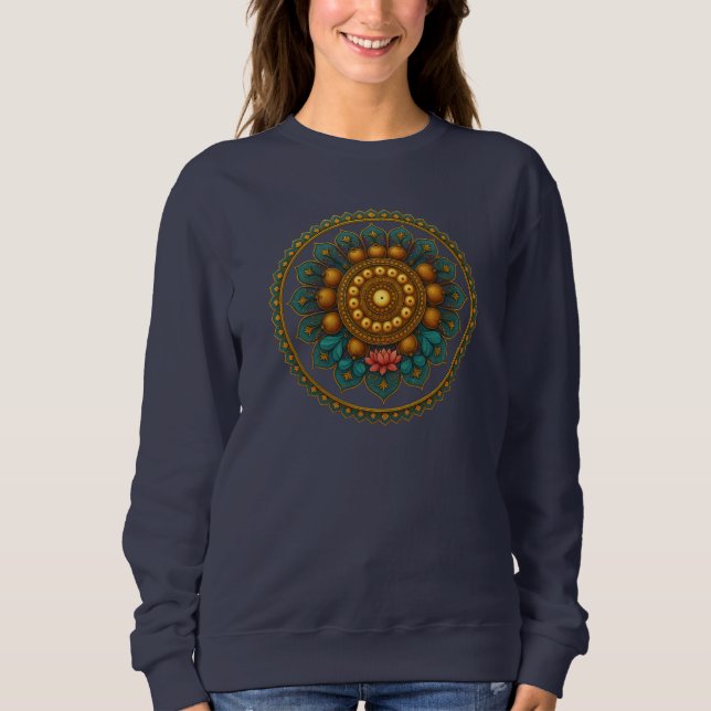 Turquoise Gold Lotus Mandala -Boho Fantasy Graphic Sweatshirt (Front)