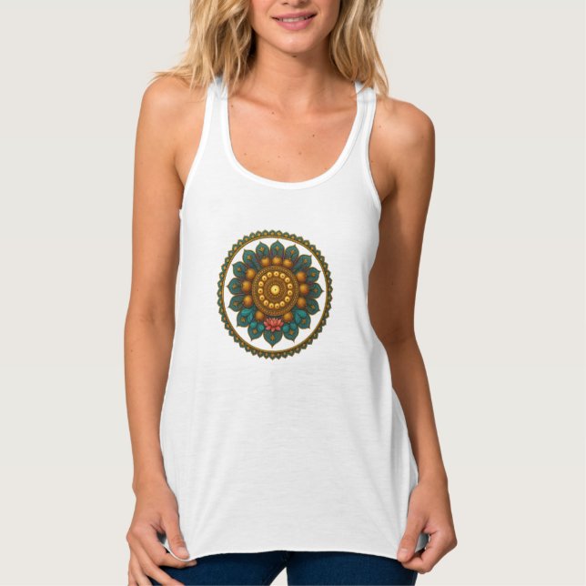 Turquoise Gold Lotus Mandala -Boho Fantasy Graphic Tank Top (Front)