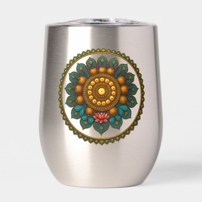 Turquoise Gold Lotus Mandala -Boho Fantasy Graphic Thermal Wine Tumbler (Front)