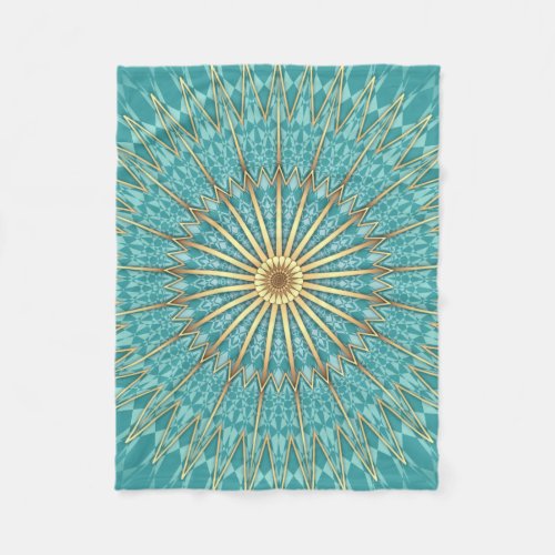 Turquoise Gold Mandala Geometric Pattern Fleece Blanket