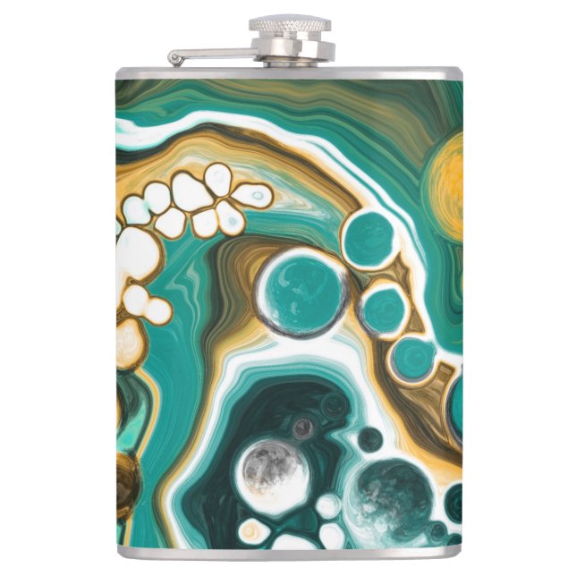 Turquoise, Gold, Marble Fluid Art    Flask (Front)