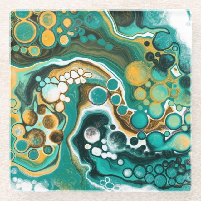 Turquoise, Gold, Marble Fluid Art   Glass Coaster (Front)