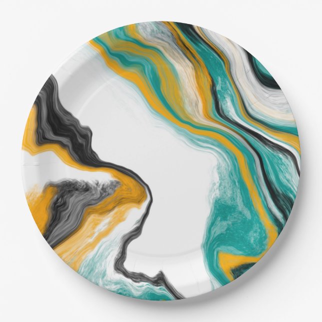Turquoise, Gold, Marble Fluid Art   Paper Plates (Front)