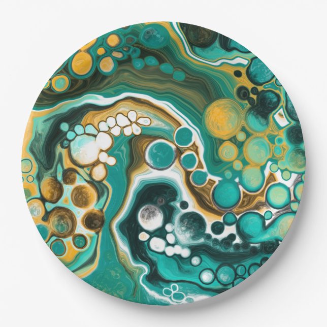 Turquoise, Gold, Marble Fluid Art    Paper Plates (Front)