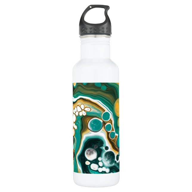 Turquoise, Gold, Marble Fluid Art  Stainless Steel Water Bottle (Front)