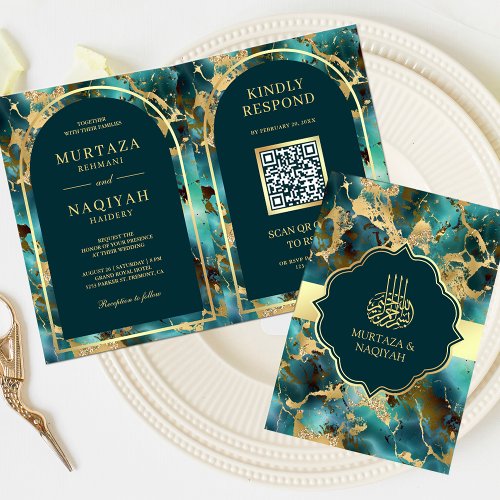 Turquoise Gold Marble QR Code Muslim Wedding Invitation