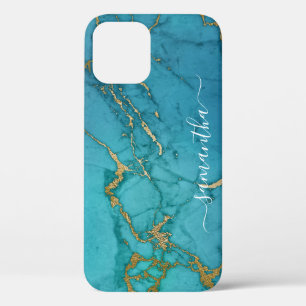Turquoise Gold Marble Stone Handwritten Name iPhone 12 Case
