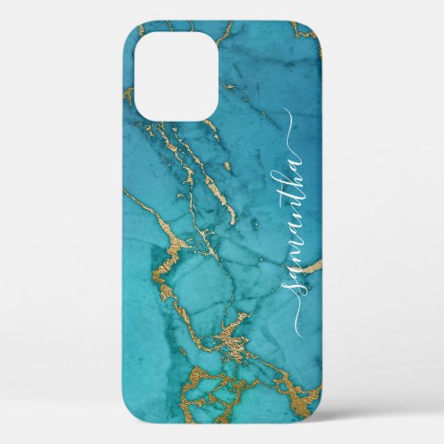 Turquoise Gold Marble Stone Handwritten Name iPhone 12 Case