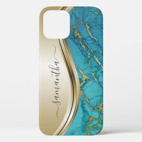 Turquoise Gold Marble Stone Handwritten Name iPhone 12 Case