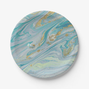 Turquoise & Gold Marble Swirl Agate Geode Bohemian Paper Plates