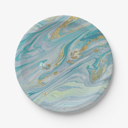 Turquoise  Gold Marble Swirl Agate Geode Bohemian Paper Plates