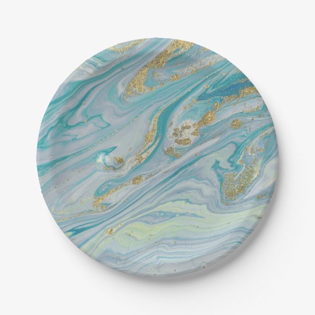 Turquoise & Gold Marble Swirl Agate Geode Bohemian Paper Plates (Front)