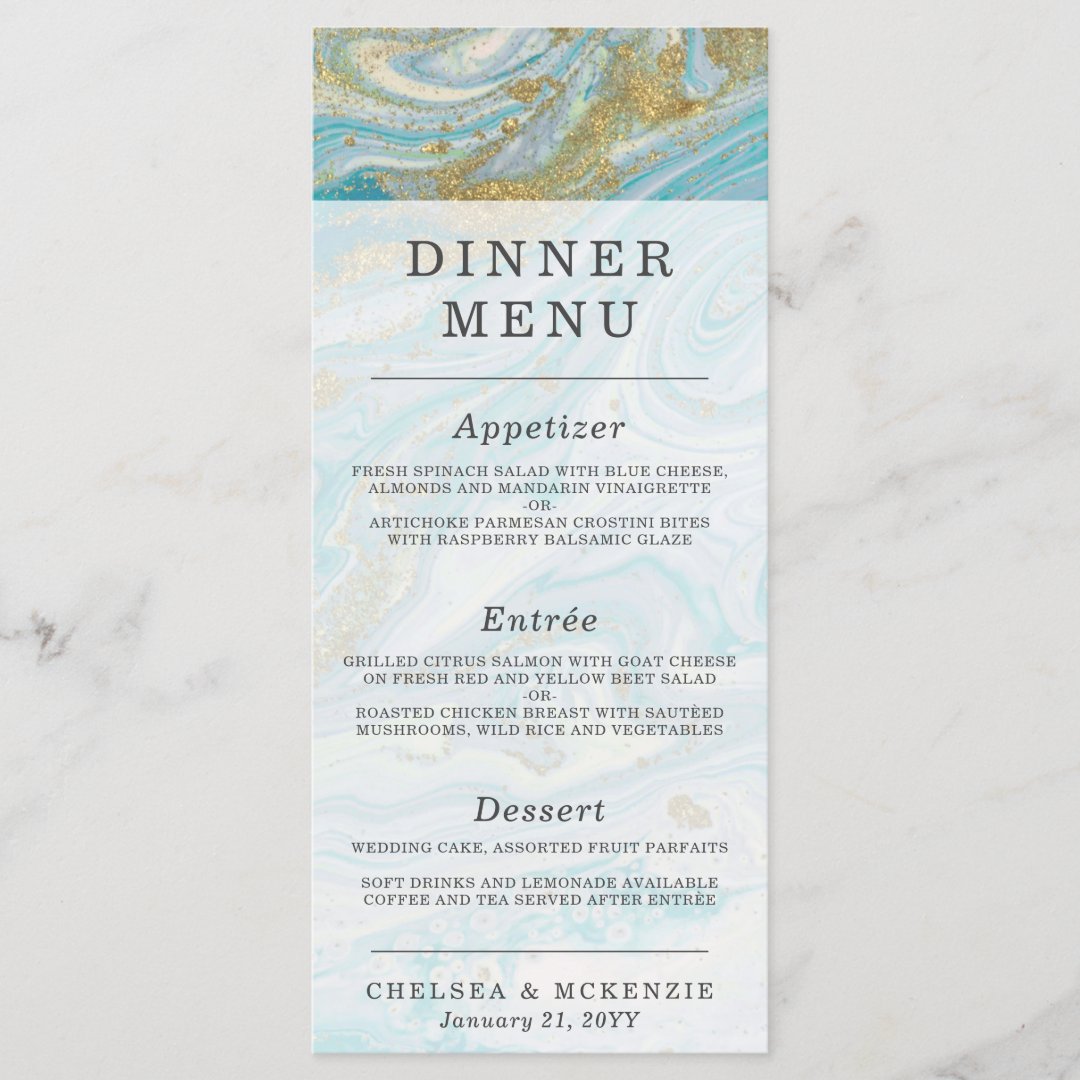 Turquoise & Gold Marble Swirl Agate Geode Dinner Menu | Zazzle