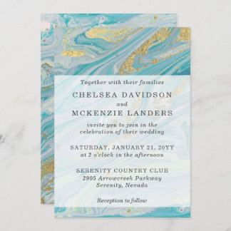 Turquoise & Gold Marble Swirl Agate Geode Wedding Invitation