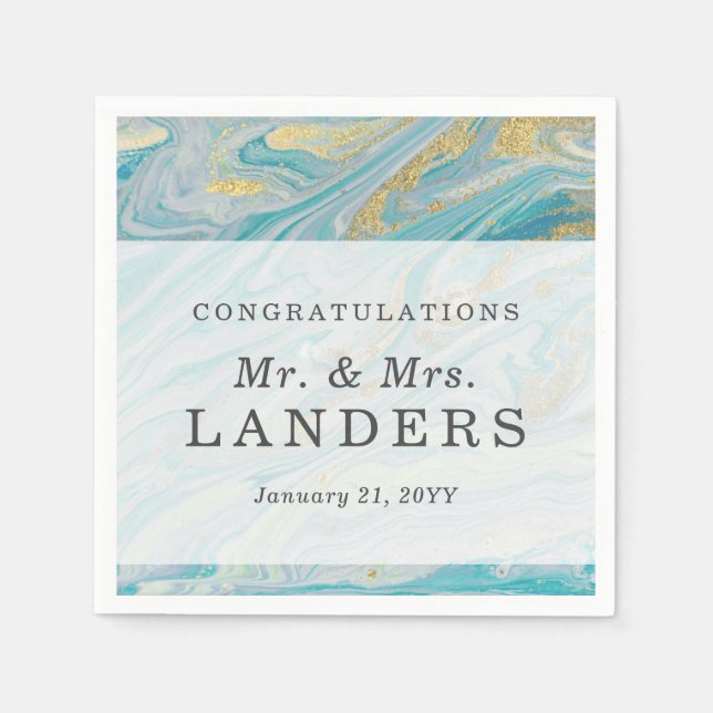 Turquoise & Gold Marble Swirl Agate Geode Wedding Napkins (Front)
