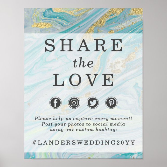 Turquoise & Gold Marble Wedding Hashtag Photo Sign (Front)