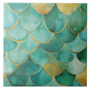 Turquoise Gold Mermaid Scales Watercolor Pattern Ceramic Tile
