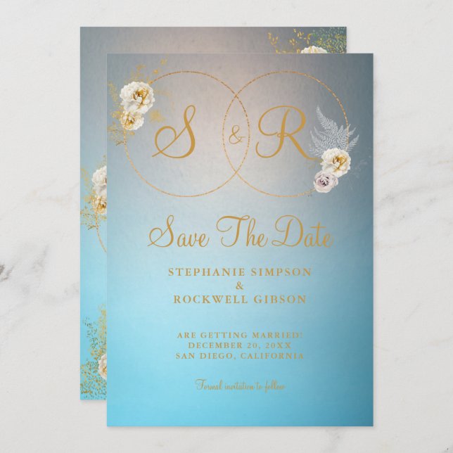 Turquoise Gold Monogram Name Initial Wedding   Save The Date (Front/Back)