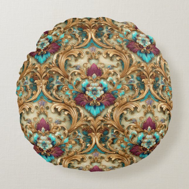 Turquoise & Gold Ornate Damask Round Pillow (Front)
