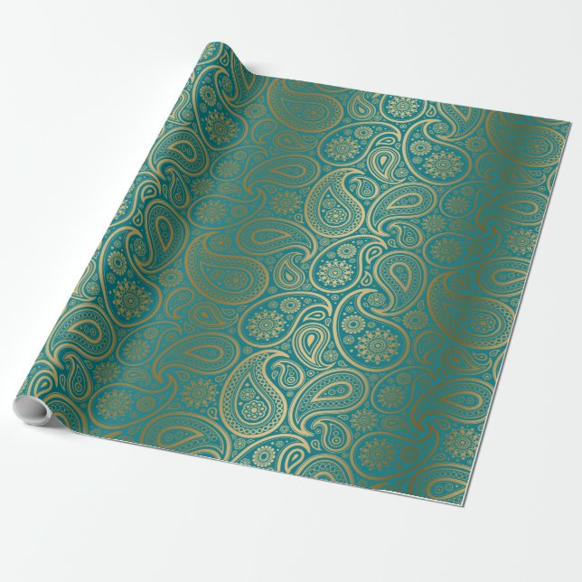 Turquoise & Gold Paisley Pattern Wrapping Paper (Unrolled)