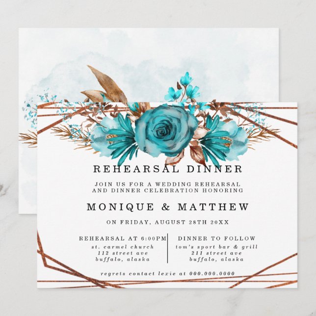 Turquoise Gold Peony Geometric Rehearsal Dinner Invitation (Front/Back)
