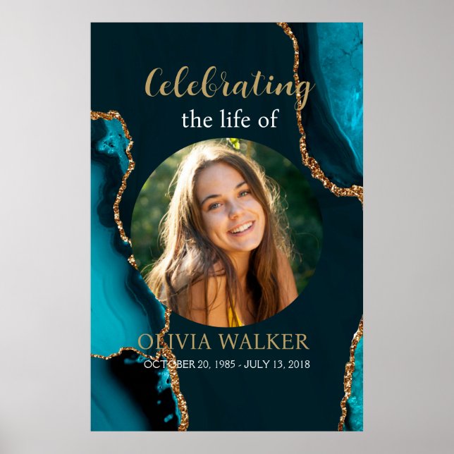  Turquoise & Gold Photo Funeral Memorial Sign (Front)