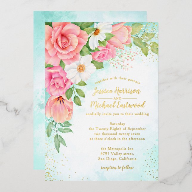Turquoise Gold Pink Rose Bouquet Floral Wedding Foil Invitation (Front/Back)