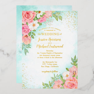 Turquoise Gold Pink Rose Floral Botanical Wedding Foil Invitation