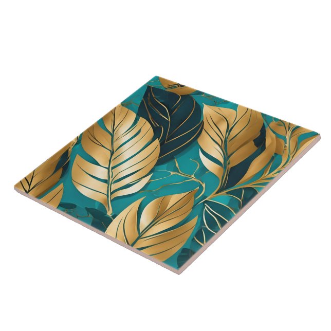 Turquoise Gold Popular Boho Leaves Collection Ceramic Tile (Side)