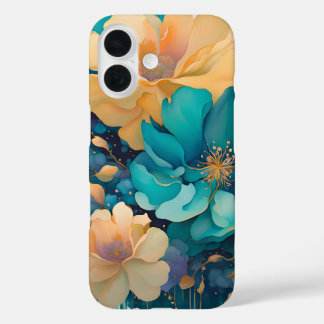 Turquoise Gold Purple Navy Watercolor Flowers iPhone 16 Case
