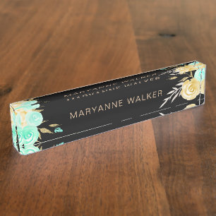 Turquoise Gold Roses Personalised Desk Nameplate