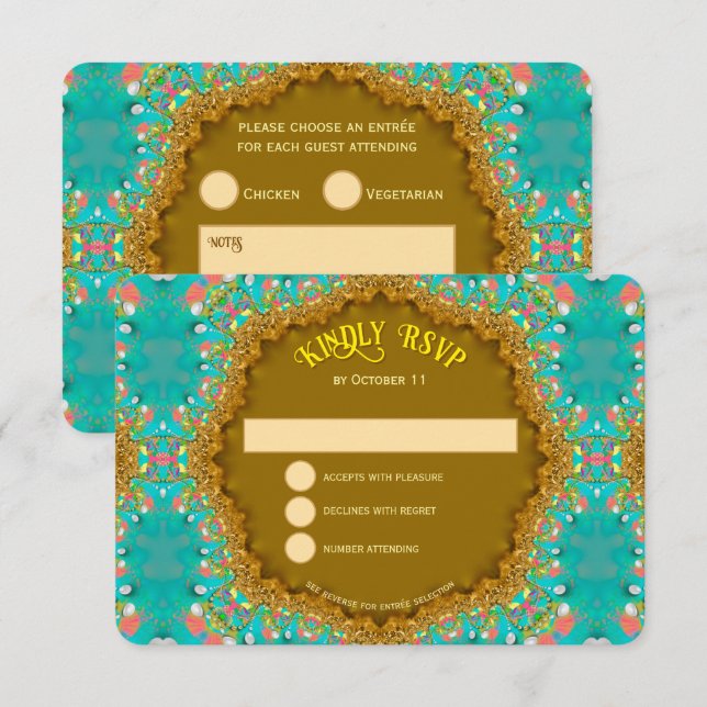 Turquoise Gold Satin Lace RSVP Card (Front/Back)