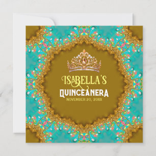 Turquoise Gold Satin Lace & Tiara Quinceañera Invitation