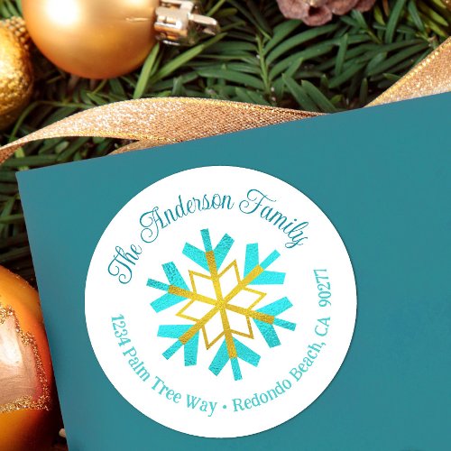Turquoise Gold Snowflake Modern Simple Address Classic Round Sticker