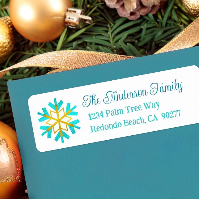 Turquoise Gold Snowflake Simple Modern Address Label (Creator Uploaded)