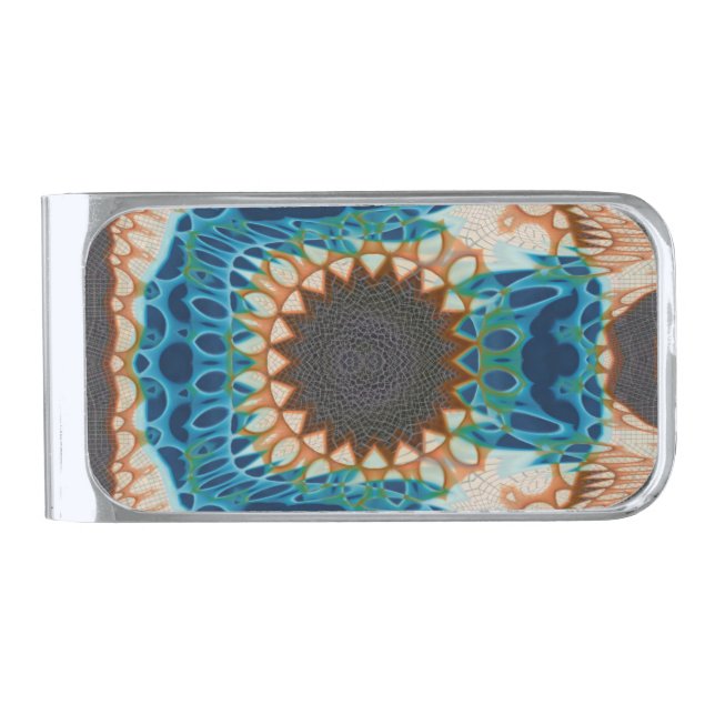 Turquoise Gold Sun Southwestern Art Silver Finish Money Clip (Front)