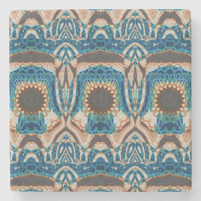 Turquoise Gold Sun Southwestern Art Stone Coaster (Front)