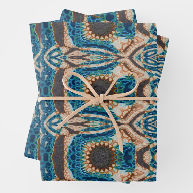 Turquoise Gold Sun Southwestern Art Wrapping Paper Sheets (In situ)