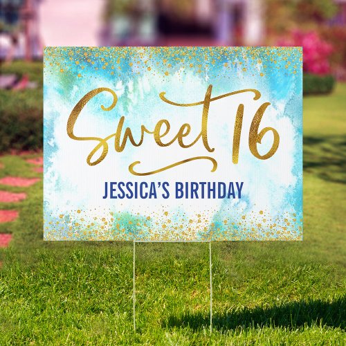 Turquoise Gold Sweet 16 Watercolor Girly Birthday Sign